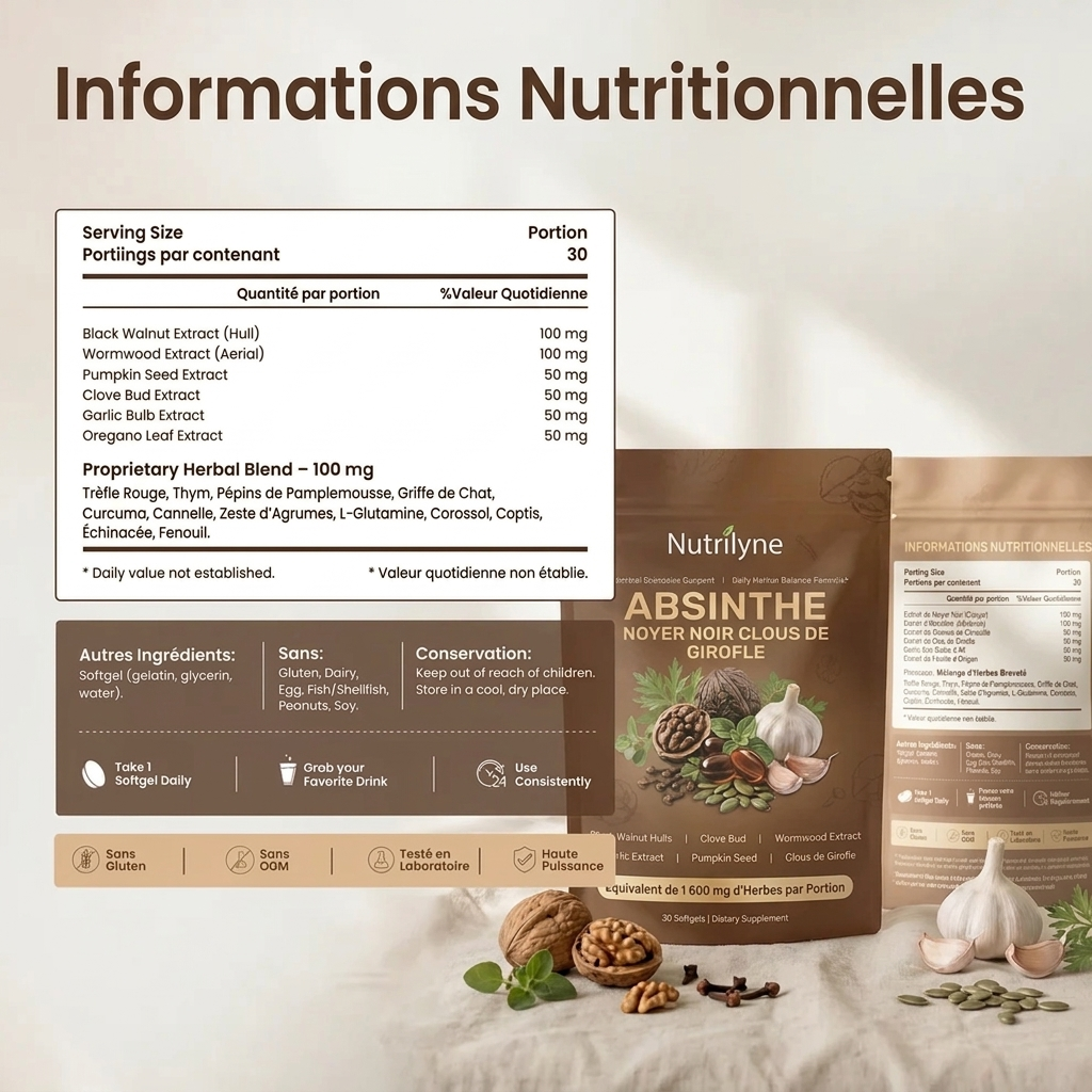 Nutrilyne Cure Antiparasitaire Naturelle — Retrouvez Votre Énergie & Confort Digestif | Triple Action 6600mg